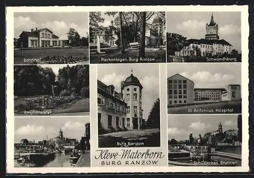 AK Kleve-Materborn / Rhein, Burg Ranzow, Bahnhof und Schwanenburg