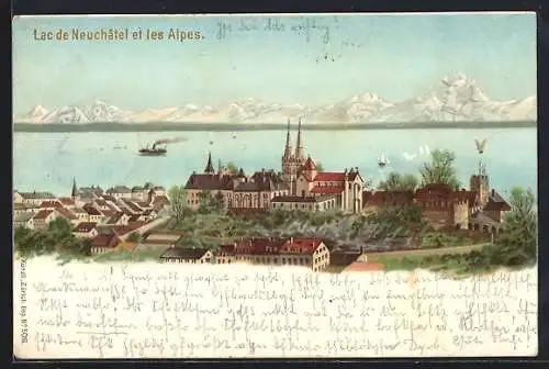 Lithographie Künzli Nr. 5016: Neuchatel, Lac de Neuchatel, Berg mit Gesicht / Berggesichter