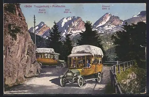 AK Toggenburg, Postautos auf Genbirgsstrasse, Zustoll, Brisi und Frümsel in der Ferne