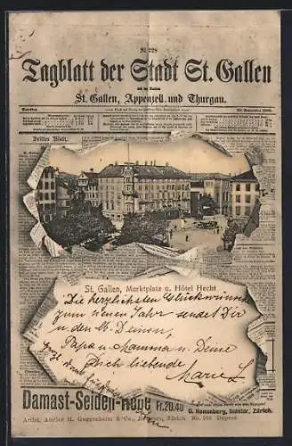 AK St. Gallen, Marktplatz und Hotel Hecht auf Titelseite der Zeitung Tagblatt der Stadt St. Gallen