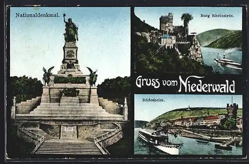 AK Rüdesheim / Rhein, Nationaldenkmal und Burg Rheinstein