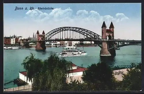 AK Bonn a. Rh., Rheinbrücke mit Dampfer