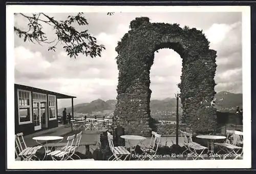 AK Rolandseck, Gaststätte Ruine Rolandsbogen, Bes. Geschw. Lenz, Blick zum Siebengebirge