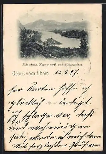 AK Rolandseck /Rhein, Ortsansicht mit Nonnenwerth und Siebengebirge