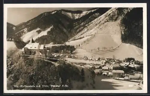 AK Gr. Hollenstein a. d. Ybbs, Teilansicht mit Kirche im Schnee