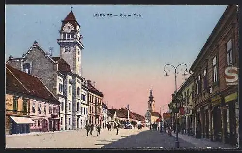 AK Leibnitz, Oberer Platz mit Geschäften und Kirche