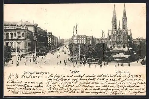 AK Wien, Universitätsstrasse mit K. k. Universität und Votivkirche, Strassenbahn