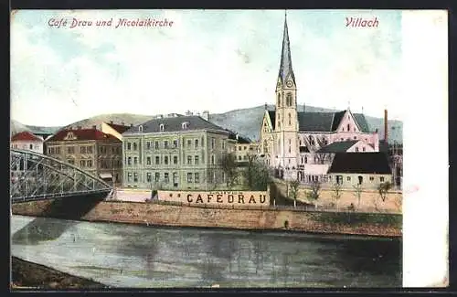 AK Villach, Cafe Drau und Nicolaikirche