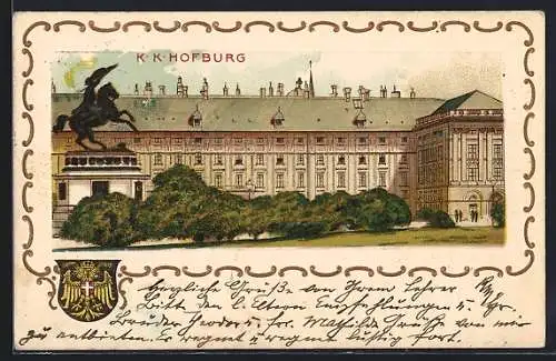 Lithographie Wien, K. k. Hofburg mit Reiterstatue, Wappen