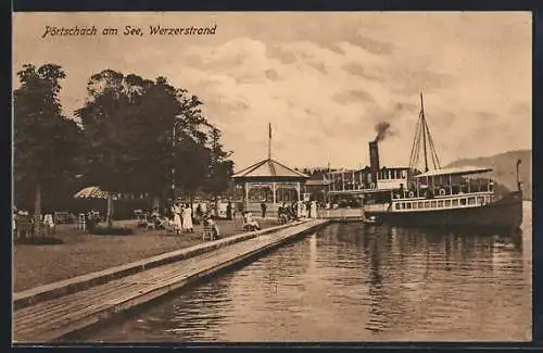 AK Pörtschach am See, Werzerstrand mit Dampfer