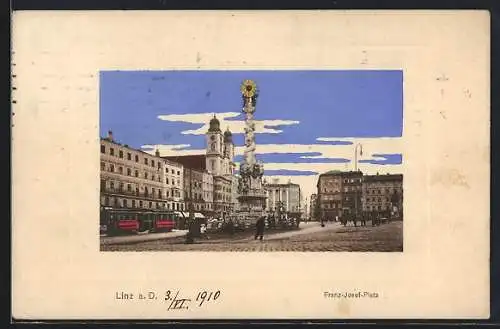 AK Linz a. D., Franz-Josef-Platz mit Denkmal und Strassenbahn