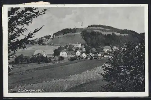 AK Mühlen /Stmk., Ortsansicht übers Feld