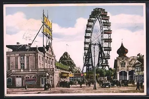 AK Wien, Prater, Riesenrad, Hochschaubahn und Kino Lustspieltheater