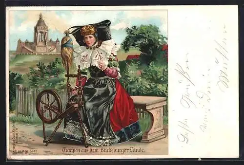 Lithographie Trachten aus dem Bückeburger Lande, Frau am Spinnrad