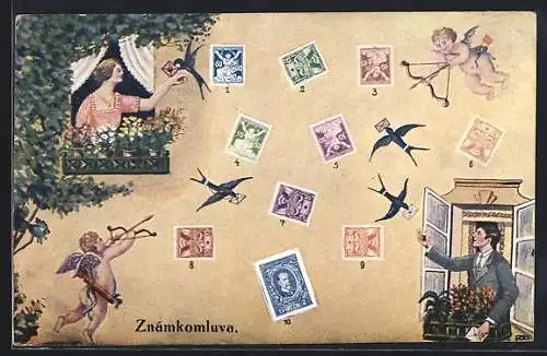 AK Znamkomluva, Briefmarkensprache, Schwalben bringen Liebesbriefe, Amor