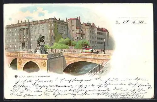 Lithographie Berlin, Blick über die Kurfürstenbrücke zum Schloss