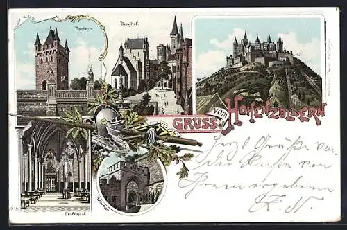 Lithographie Hohenzollern, Burghof, Thorturm und Adlerthor