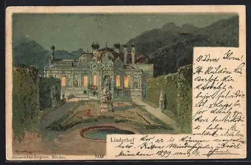 Lithographie Linderhof, Das Schloss bei Nacht