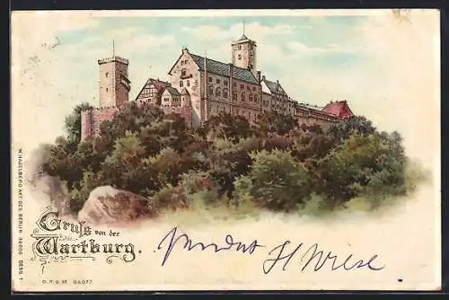 Lithographie Eisenach, Wartburg, Gruss von der Wartburg