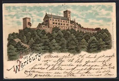 Lithographie Eisenach, Panoramablick auf die Wartburg