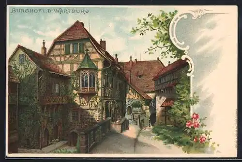 Lithographie Wartburg, Idylle im Burghof