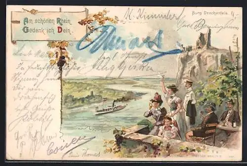 Lithographie Königswinter, Restaurant und Burg Drachenfels, Blick auf den Rhein