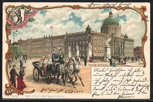 Lithographie Berlin, Königl. Schloss, Passanten und Pferdekutsche