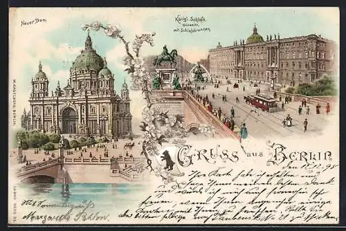 Lithographie Berlin, Neuer Dom, Königliches Schloss, Südseite mit Schlossbrunnen, Blumen, um 1900