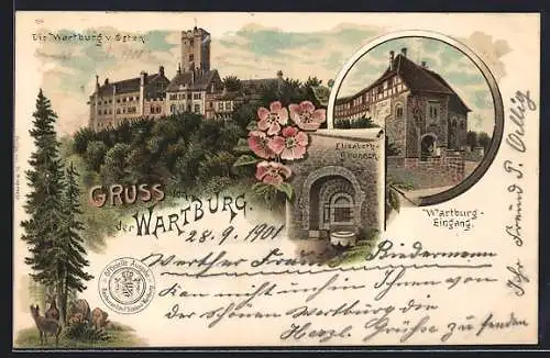 Lithographie Eisenach, die Wartburg von Osten, Elisabeth-Brunnen, Wartburg-Eingang