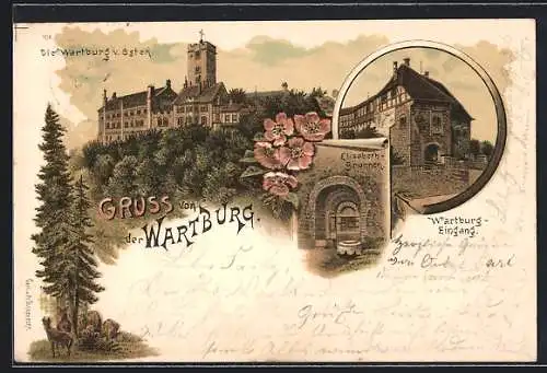 Lithographie Eisenach, die Wartburg von Osten, Elisabethbrunnen, Wartburg-Eingang