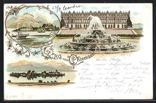 Lithographie Chiemsee, Altes Schloss, Frauen Insel