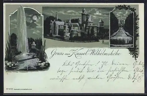 Mondschein-Lithographie Kassel-Wilhelmshöhe, Schloss und Anlagen bei Nacht