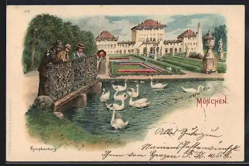 Lithographie München-Nymphenburg, Schloss Nymphenburg mit Schlossgarten