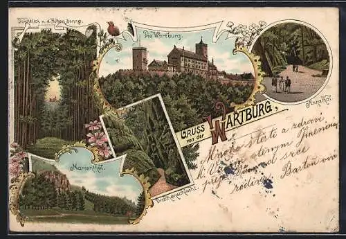 Lithographie Wartburg, Ansicht vom Wald aus, Marienthal und Annathal