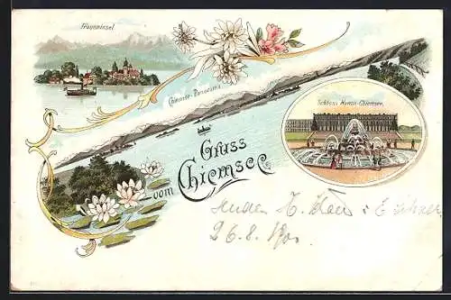 Lithographie Chiemsee, Fraueninsel, Schloss Herren-Chiemsee