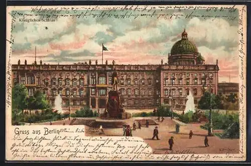 Lithographie Berlin, Denkmal vor dem Königlichen Schloss