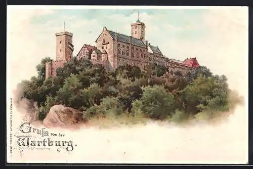 Lithographie Eisenach, Wartburg, Gruss von der Wartburg