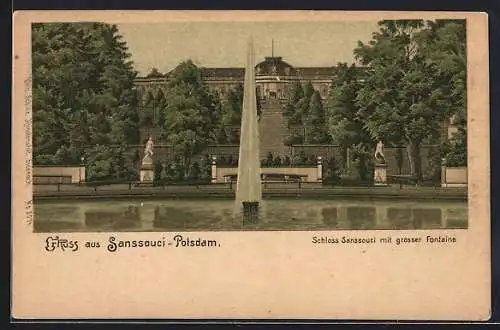 Lithographie Potsdam, Schloss Sanssouci, Schloss mit grosser Fontaine