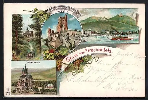 Lithographie Königswinter, Drachenburg, Drachenfels, Wasserpartie mit Dampfer