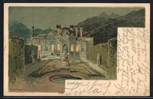 Lithographie Linderhof, Ansicht mit Parkanlagen bei Nacht