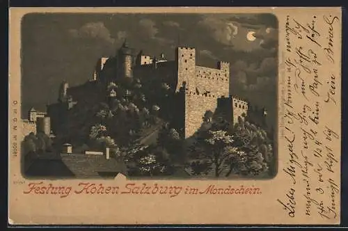 Lithographie Festung Hohen Salzburg bei Nacht