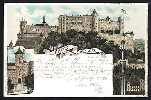 Lithographie Salzburg, Blick zum Schloss