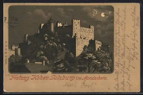 Lithographie Festung Hohen Salzburg bei Nacht