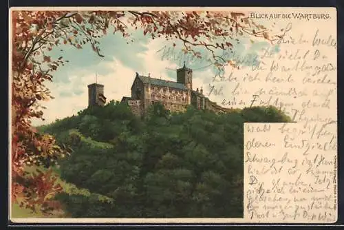 Lithographie Eisenach, Wartburg davor Bäume