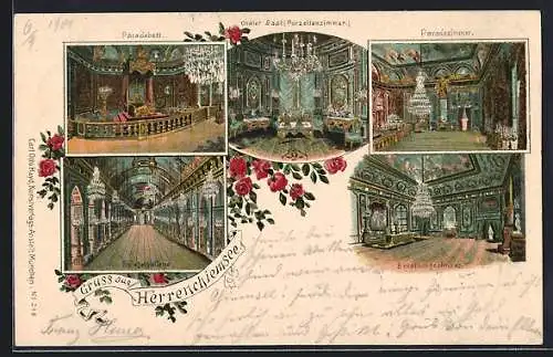 Lithographie Herrenchiemsee, Paradebett, Grosser Saal (Porzellanzimmer) Beratungszimmer