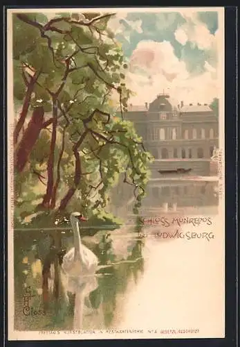 Lithographie Ludwigsburg / Württemberg, Schloss Monrepos vom Schwanensee aus