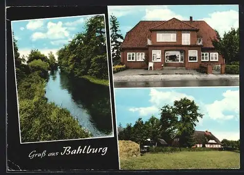 AK Bahlburg /Lüneburger Heide, Gemischtwarenladen, reetgedecktes Haus, Fluss