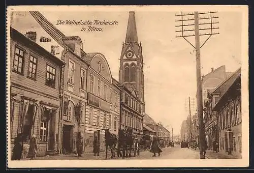 AK Mitau, Partie in der Katholischen Kirchenstrasse, mit Kirche