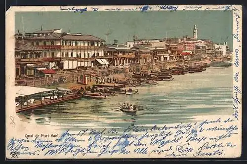 Lithographie Port Said, Gebäude am Wasser, in der Ferne der Leuchtturm