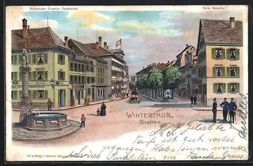 Künstler-AK Winterthur, Graben, Ortspartie mit Brunnen